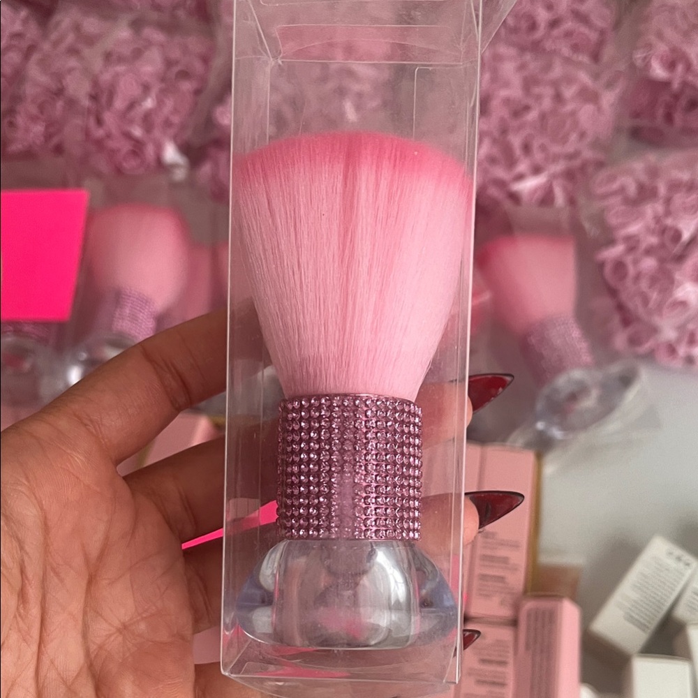 Pink nail duster Brush with Rhinestone Handle